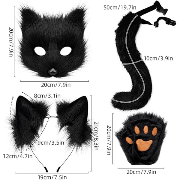 Fox Tail & Ears Set, Cat Costume with Gloves, White Halloween Cosplay Accessories white