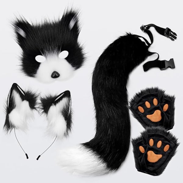 Fox Tail & Ears Set, Cat Costume with Gloves, White Halloween Cosplay Accessories white