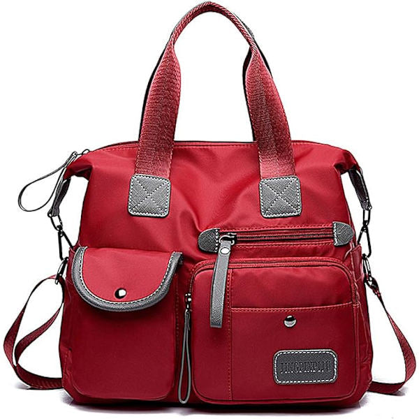 Women's Lightweight Nylon Tote Bag with Multiple Compartments and Zipper, Crossbody Shoulder Bag in Pure Red