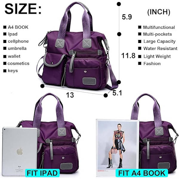 Women's Lightweight Nylon Tote Bag with Multiple Compartments and Zipper, Crossbody Shoulder Bag in Pure Red