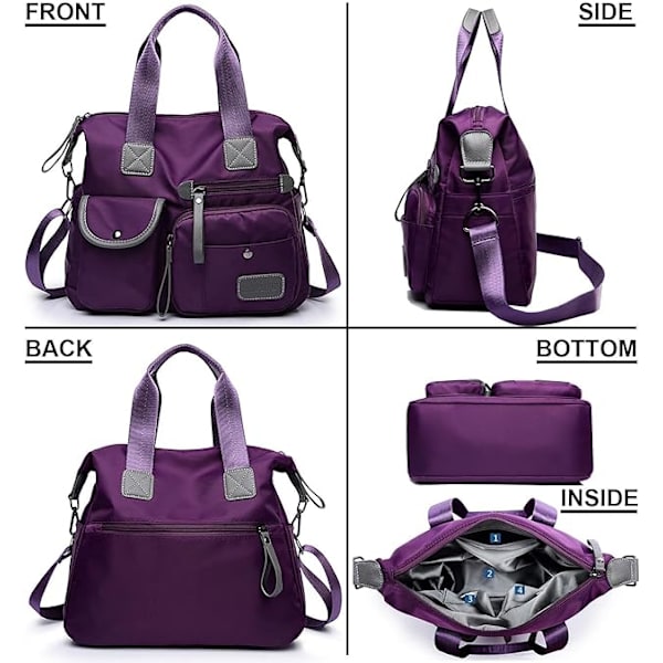 Women's Lightweight Nylon Tote Bag with Multiple Compartments and Zipper, Crossbody Shoulder Bag in Pure Red