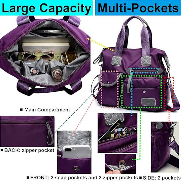 Women's Lightweight Nylon Tote Bag with Multiple Compartments and Zipper, Crossbody Shoulder Bag in Pure Red