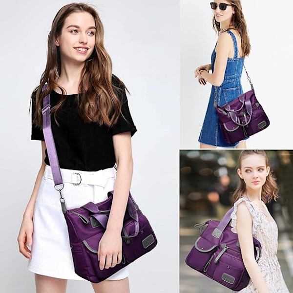 Women's Lightweight Nylon Tote Bag with Multiple Compartments and Zipper, Crossbody Shoulder Bag in Pure Red