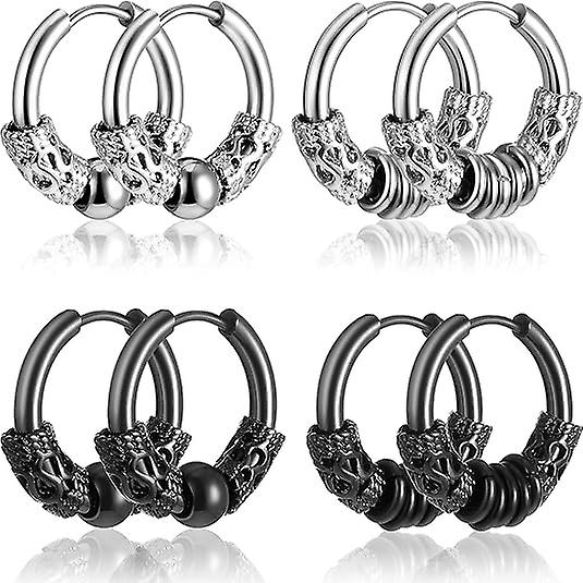 14mm Men's Titanium Steel Hoop Earrings Set - Black &amp; Silver, Punk Rock Style