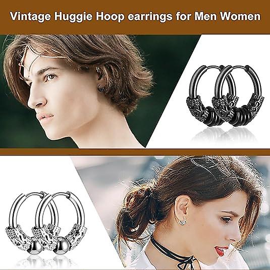 14mm Men's Titanium Steel Hoop Earrings Set - Black & Silver, Punk Rock Style