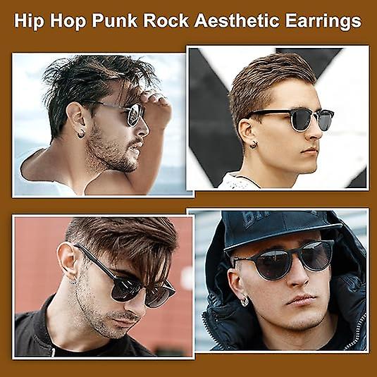 14mm Men's Titanium Steel Hoop Earrings Set - Black & Silver, Punk Rock Style