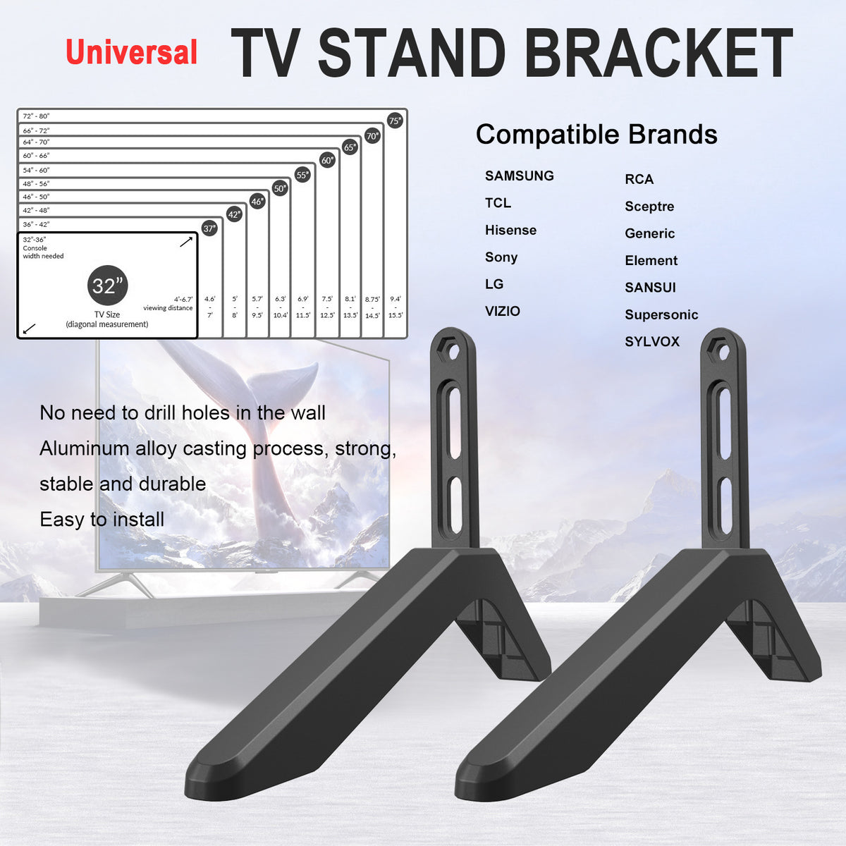 Universal TV Stand with Screws - Easy Installation - Tabletop Stand for Vizio, Samsung, LG, TCL, Hisense