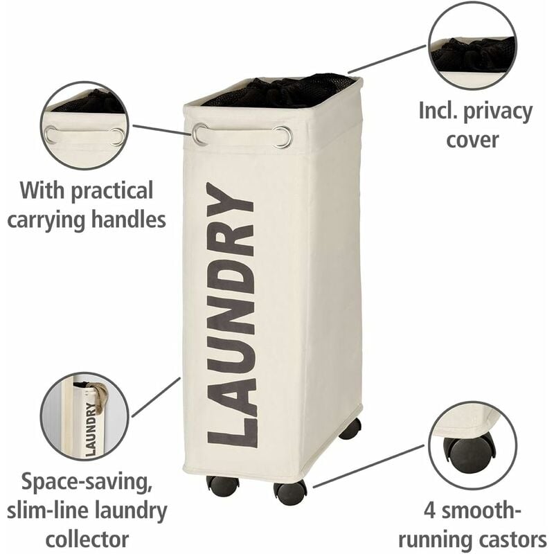 narrow laundry basket, laundry basket on wheels, Corno beige, Polyester, 43 l, 18.5 x 60 x 40 cm