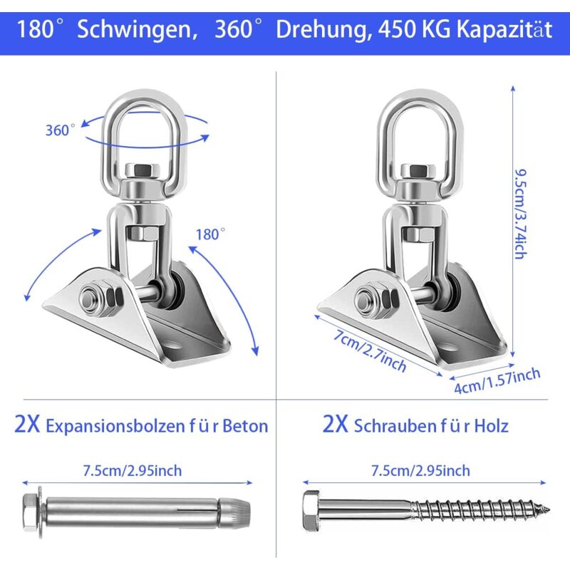 Stainless Steel Ceiling Mount Hanging Chair Spring Hook Kit, 360° Rotation, 450 kg Capacity