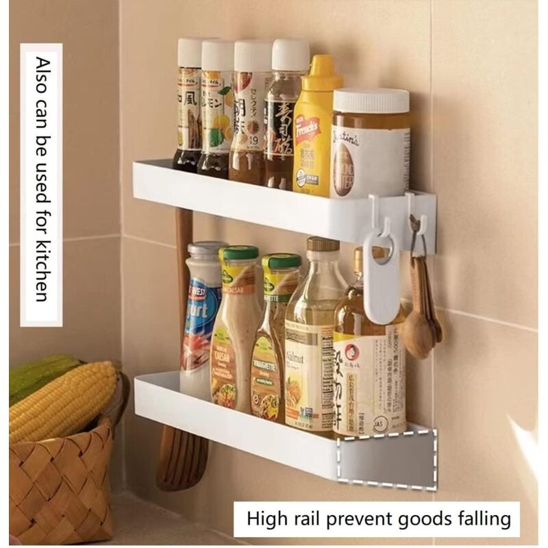 Set of 2 shower shelves, shower shelf without drilling, wall shelf with 6 removable hooks, for bathroom, kitchen, white