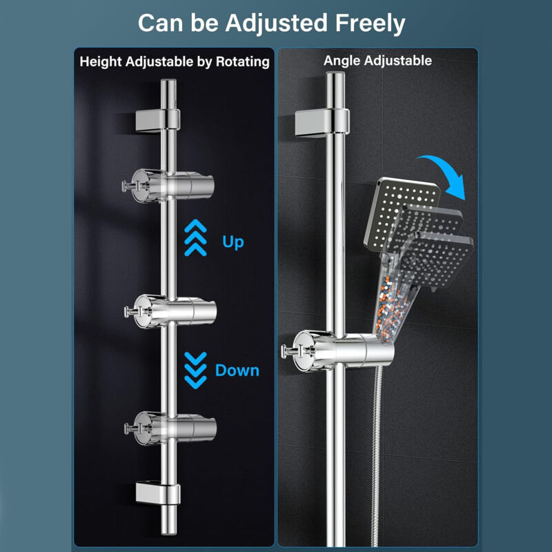 Chrome Wall Mounted Adjustable Shower Head Holder with 2 Hooks for 16-27mm Shower Rod