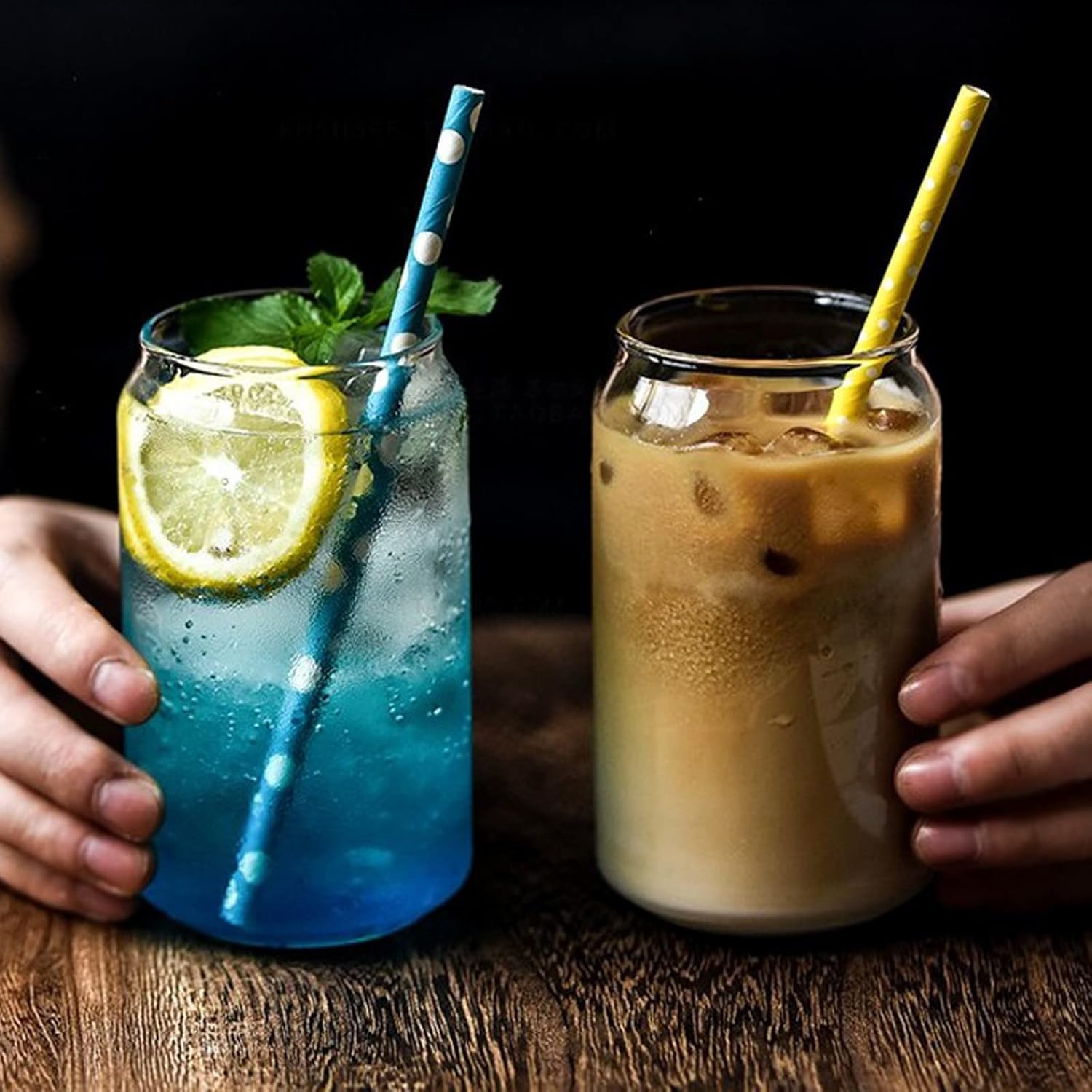 Beer Can Shaped Glass with Bamboo Lid and Straw 500ml 2 pcs for Coffee Milk Cocktail