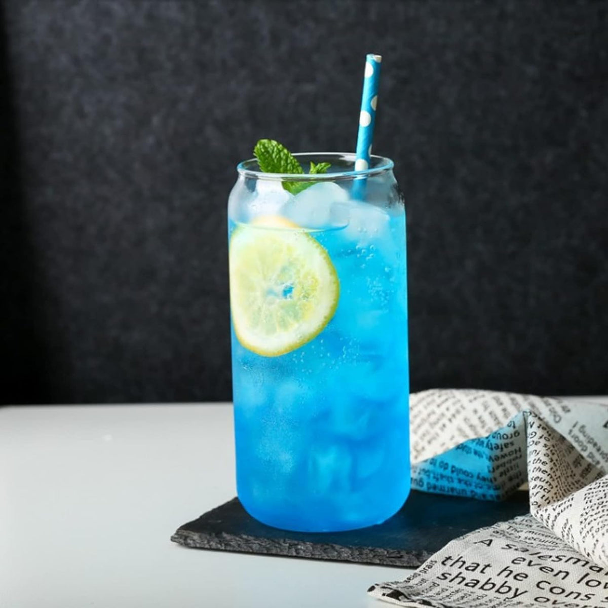 Beer Can Shaped Glass with Bamboo Lid and Straw 500ml 2 pcs for Coffee Milk Cocktail