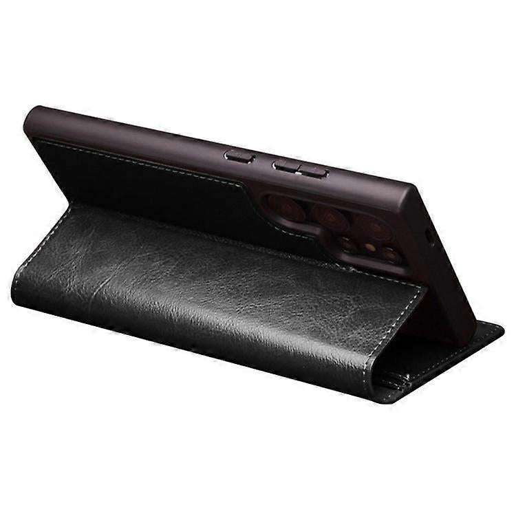 Samsung Galaxy S24 Ultra Compatible Genuine Leather Wallet Phone Case Flip Stand Cover Black