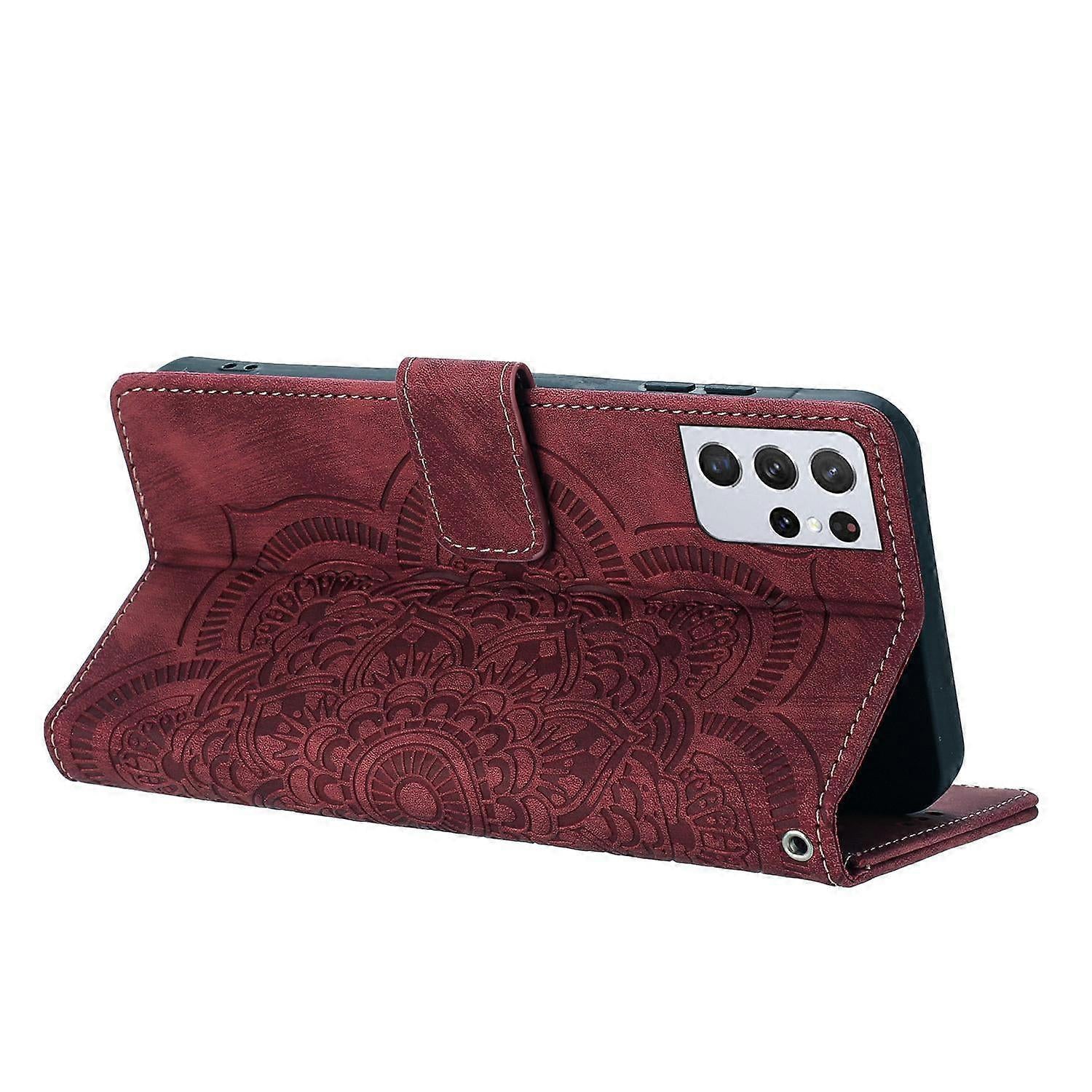Samsung Galaxy S21 Ultra 5G Case Red Mandala Embossed Retro Frosted Leather Phone Cover
