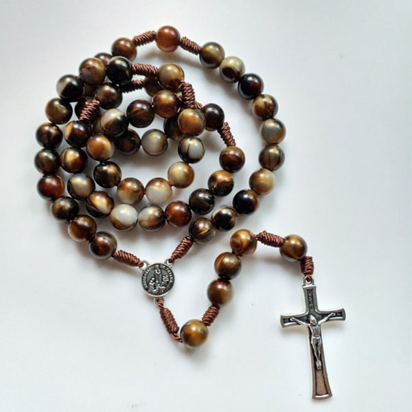 Crucifix Rosary Beads Necklace Medal Chain Pendant Necklace Brown Acrylic Beads Long Chain Pray Jewelry Gift