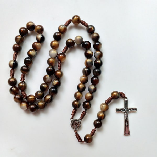 Crucifix Rosary Beads Necklace Medal Chain Pendant Necklace Brown Acrylic Beads Long Chain Pray Jewelry Gift