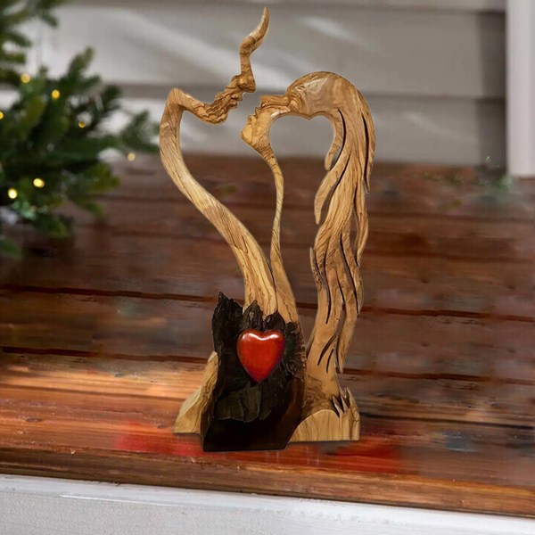 Wooden Love Heart Kissing Couple Abstract Sculpture Romantic Statue Figures