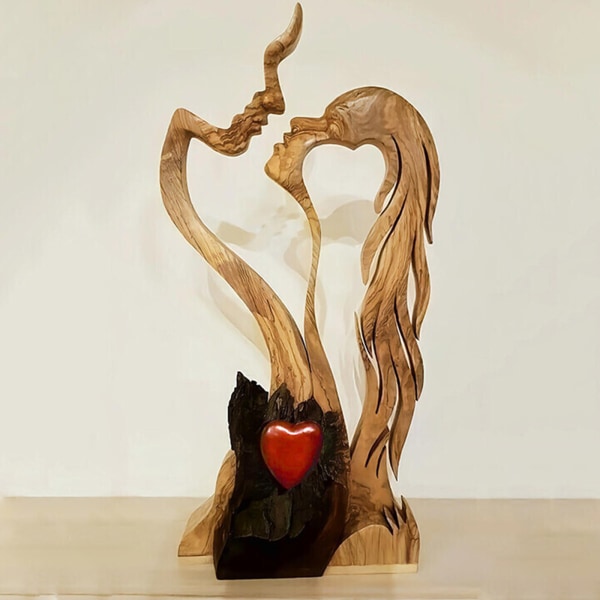 Wooden Love Heart Kissing Couple Abstract Sculpture Romantic Statue Figures
