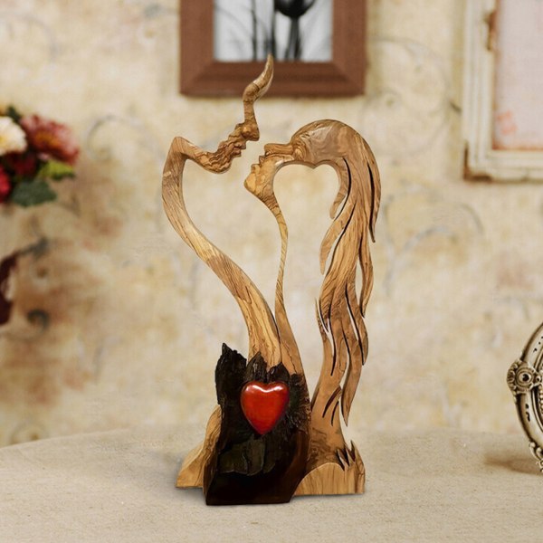 Wooden Love Heart Kissing Couple Abstract Sculpture Romantic Statue Figures