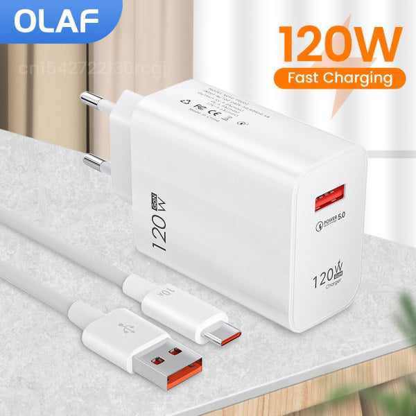 120W USB C Fast Charger Huawei Samsung Xiaomi Compatible with QC3.0 Type C Cable 10A EU White
