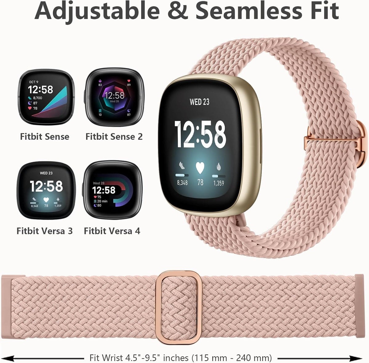 Fitbit Versa Strap Compatible with Sense Sense 2 Elastic Braided Nylon Sport Band