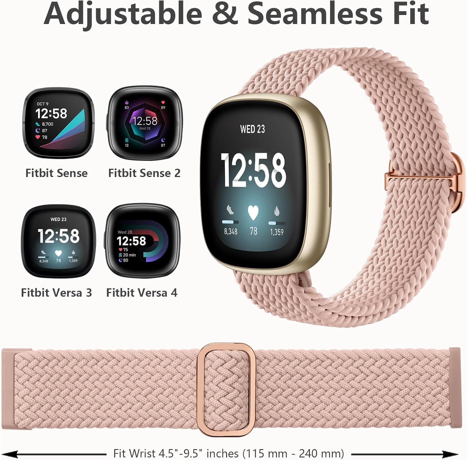 Fitbit Versa Strap Compatible with Sense Sense 2 Elastic Braided Nylon Sport Band
