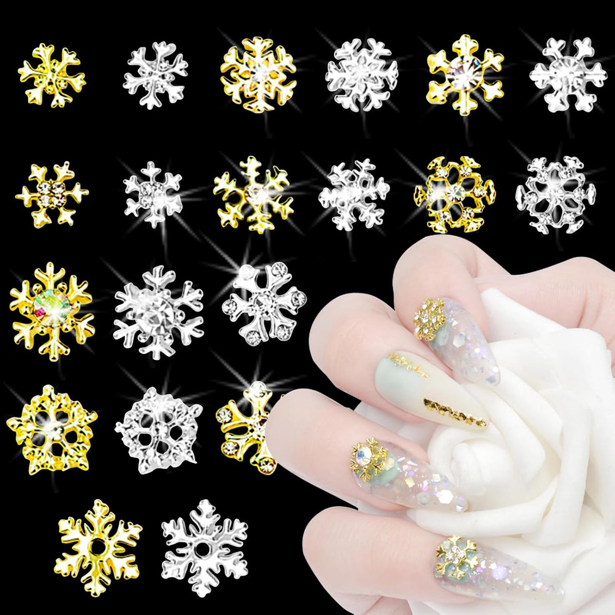 20pcs Snowflake Nail Charms with Rhinestones Silver Gold Christmas Decorations Alloy Nail Jewelry Snowflake Nails Design 3D Charms for Nails Decor DIY Craft Home&amp;Salon