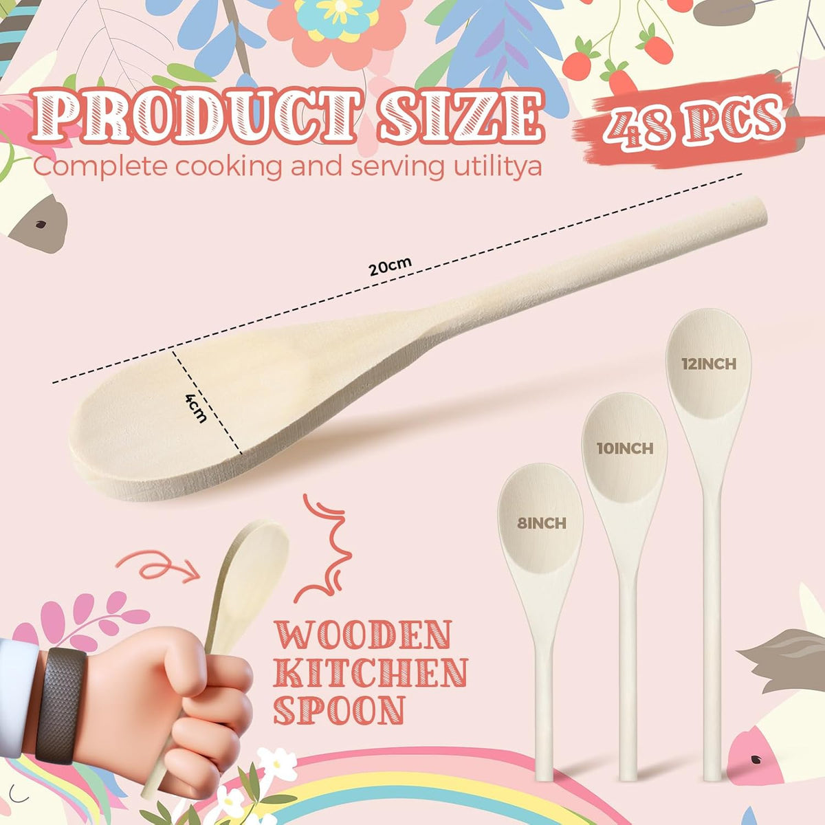 48 Pcs 8, 10, 12 Inch Wooden Spoons Gifts for Mom Oval Wooden Cooking Spoons Set Wood Serving Spoon Sauce Soup Stirring Ladle for Kitchen Cooking Baking Stirring Eating Tasting Cookware