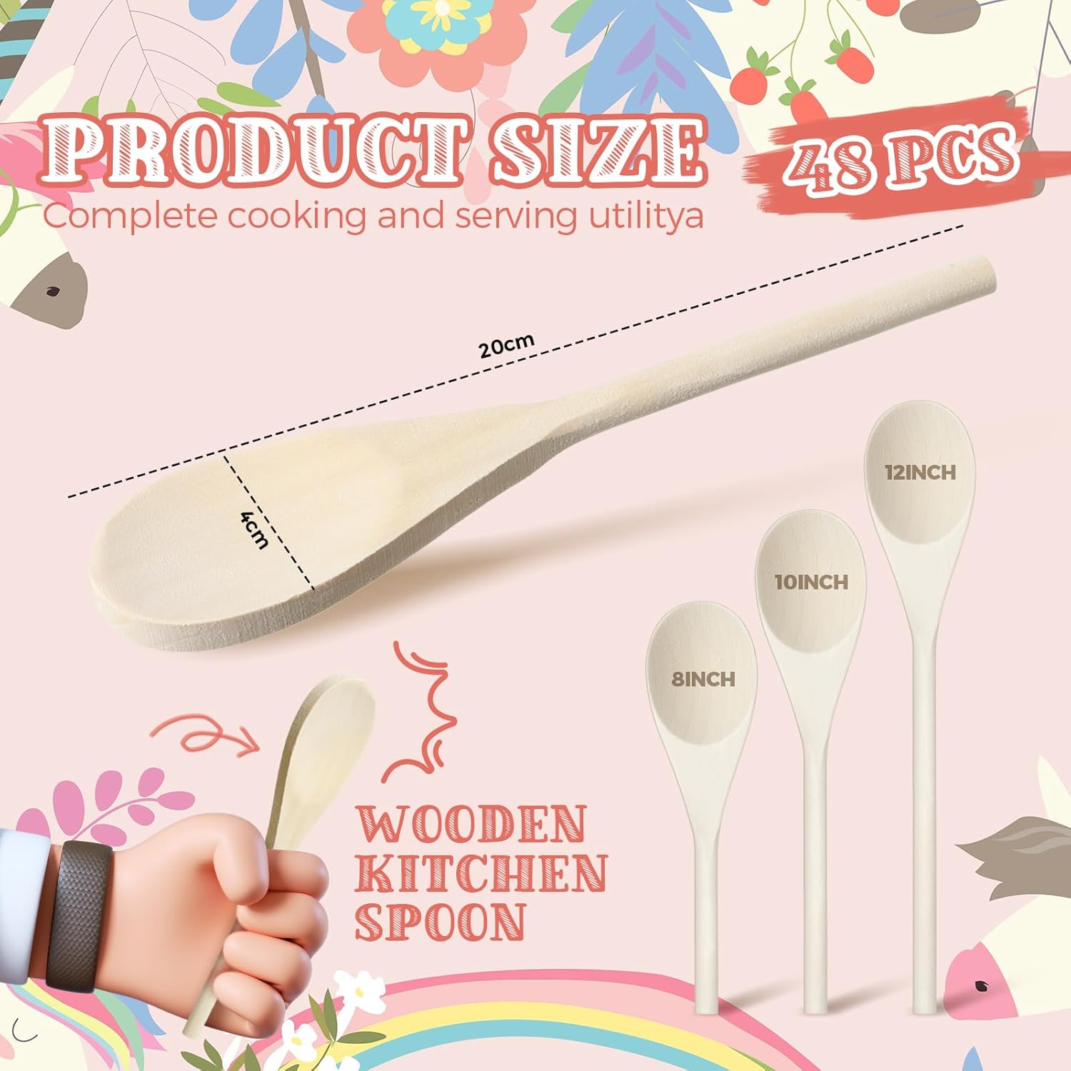 48 Pcs 8, 10, 12 Inch Wooden Spoons Gifts for Mom Oval Wooden Cooking Spoons Set Wood Serving Spoon Sauce Soup Stirring Ladle for Kitchen Cooking Baking Stirring Eating Tasting Cookware