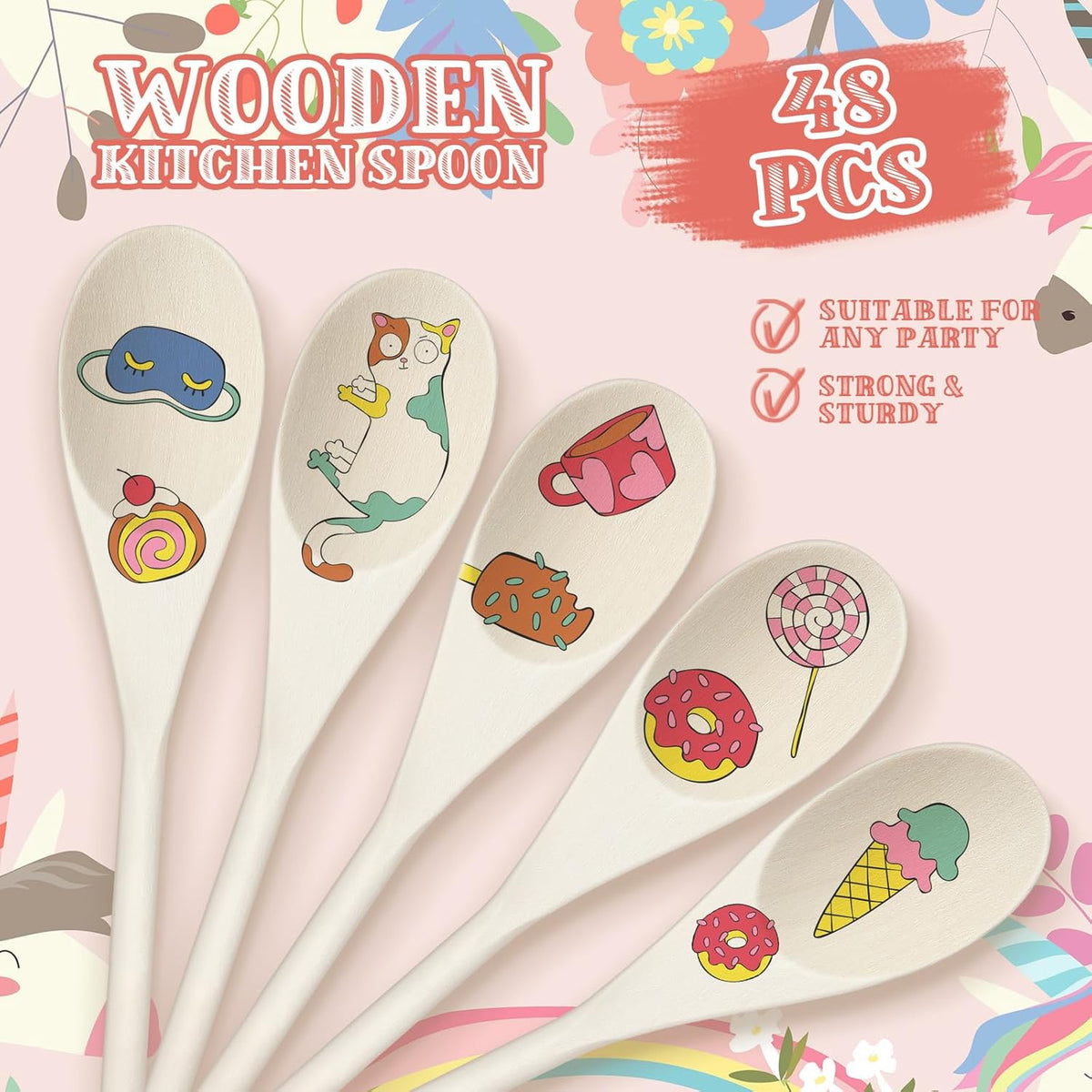48 Pcs 8, 10, 12 Inch Wooden Spoons Gifts for Mom Oval Wooden Cooking Spoons Set Wood Serving Spoon Sauce Soup Stirring Ladle for Kitchen Cooking Baking Stirring Eating Tasting Cookware