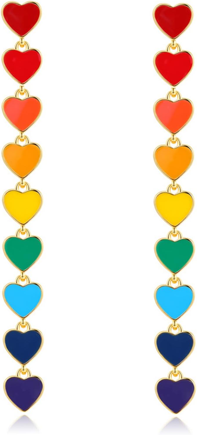 Heart Rainbow Chain Stud Earrings for Women Cool Weird Lightweight Resin Acrylic Personality Dangle Drop Earrings Jewelry