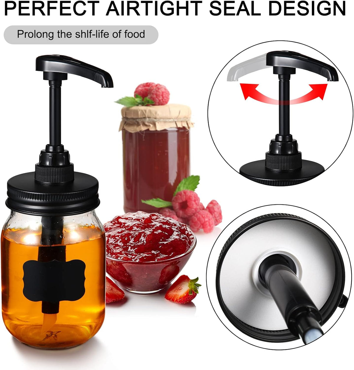4 Pack Mason Canning Jar Syrup Dispenser Coffee Syrup Dispenser Pump Lids Set with Labels and Pen Honey Pump for 16 oz Regular Mouth Mason Canning Jars