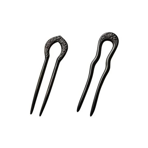 Carved Hair Forks for Buns for Women Two Prong Hair Stick for Long Hair U Shape Wood Hair Pin Handmade Hair Accessories(2pack)