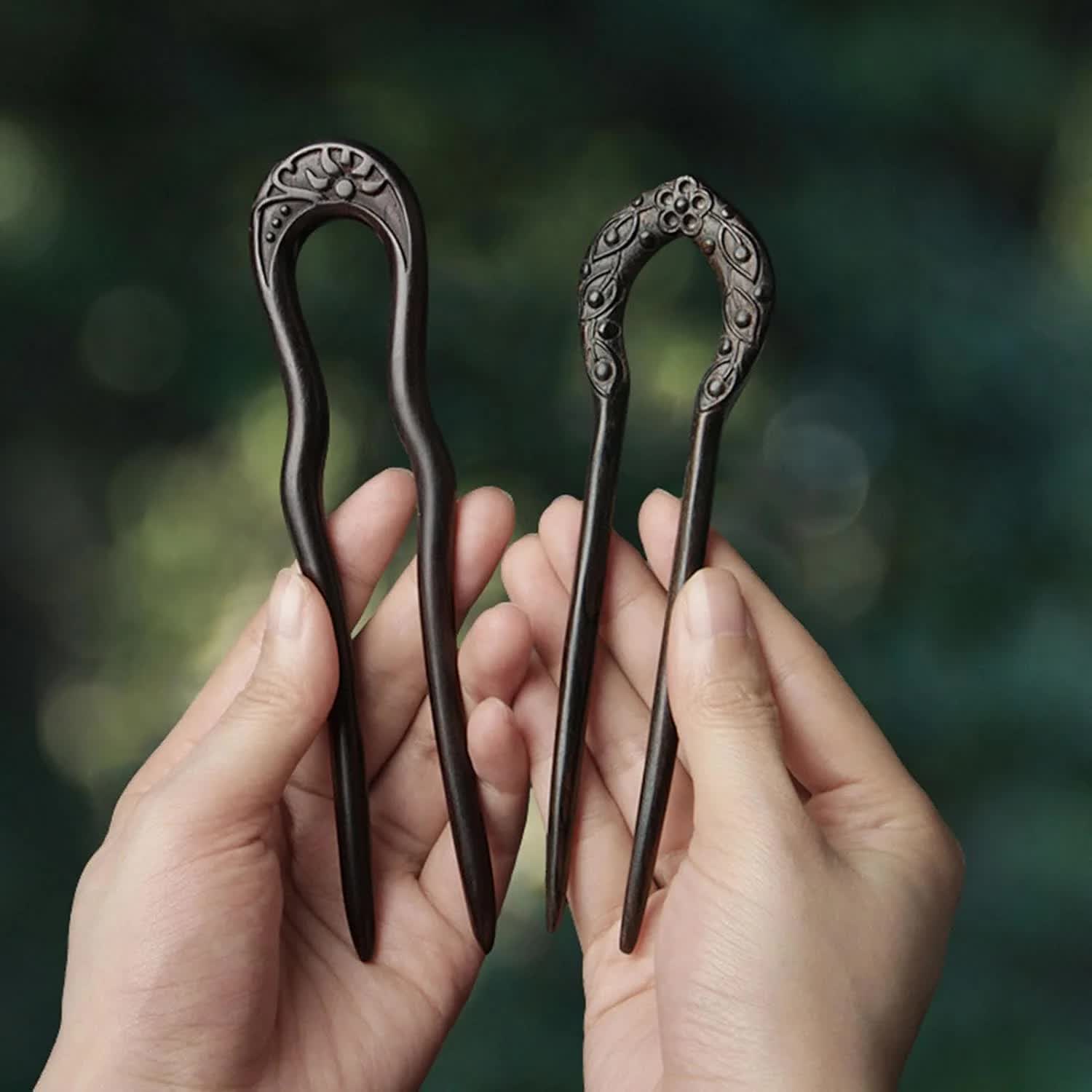 Carved Hair Forks for Buns for Women Two Prong Hair Stick for Long Hair U Shape Wood Hair Pin Handmade Hair Accessories(2pack)