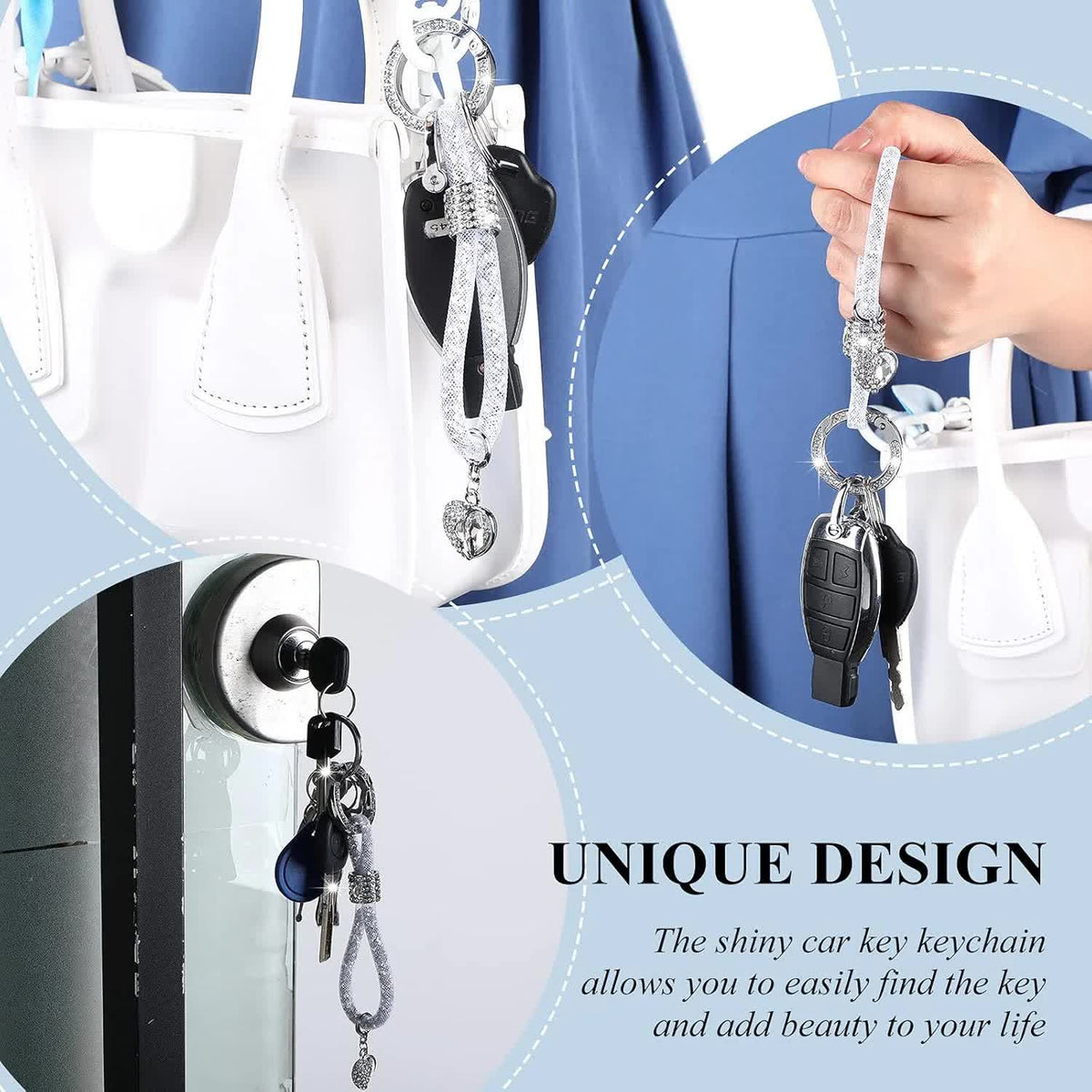 Crystal Bling Car Keychain for Women Glitter Rhinestone Keychain Ring Strap Keychain Accessories Car Key Decorations(Silver)