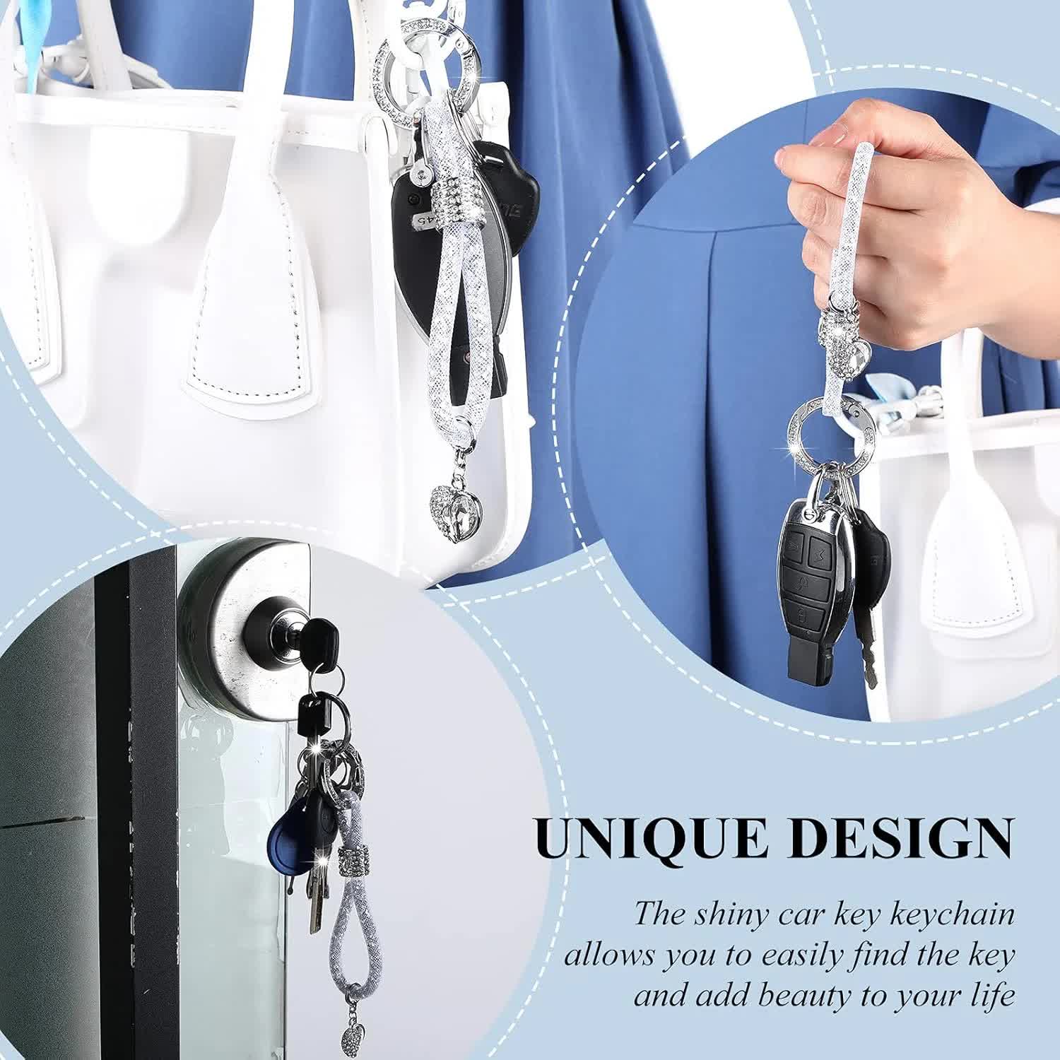 Crystal Bling Car Keychain for Women Glitter Rhinestone Keychain Ring Strap Keychain Accessories Car Key Decorations(Silver)