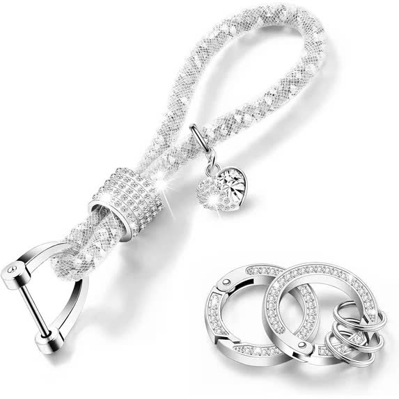 Crystal Bling Car Keychain for Women Glitter Rhinestone Keychain Ring Strap Keychain Accessories Car Key Decorations(Silver)