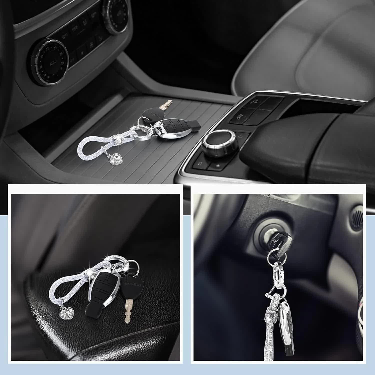 Crystal Bling Car Keychain for Women Glitter Rhinestone Keychain Ring Strap Keychain Accessories Car Key Decorations(Silver)
