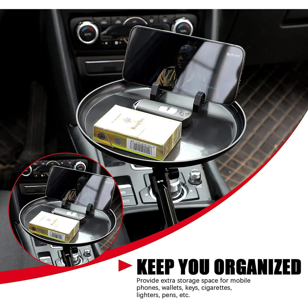 Car Cup Holder Tray for Adults Car Tray Table for Eating with Cell Phone Slot Lap for Universal Adjustable Cup Holder 360 Swivel Fits Vehicle, Boats, Golf Cart