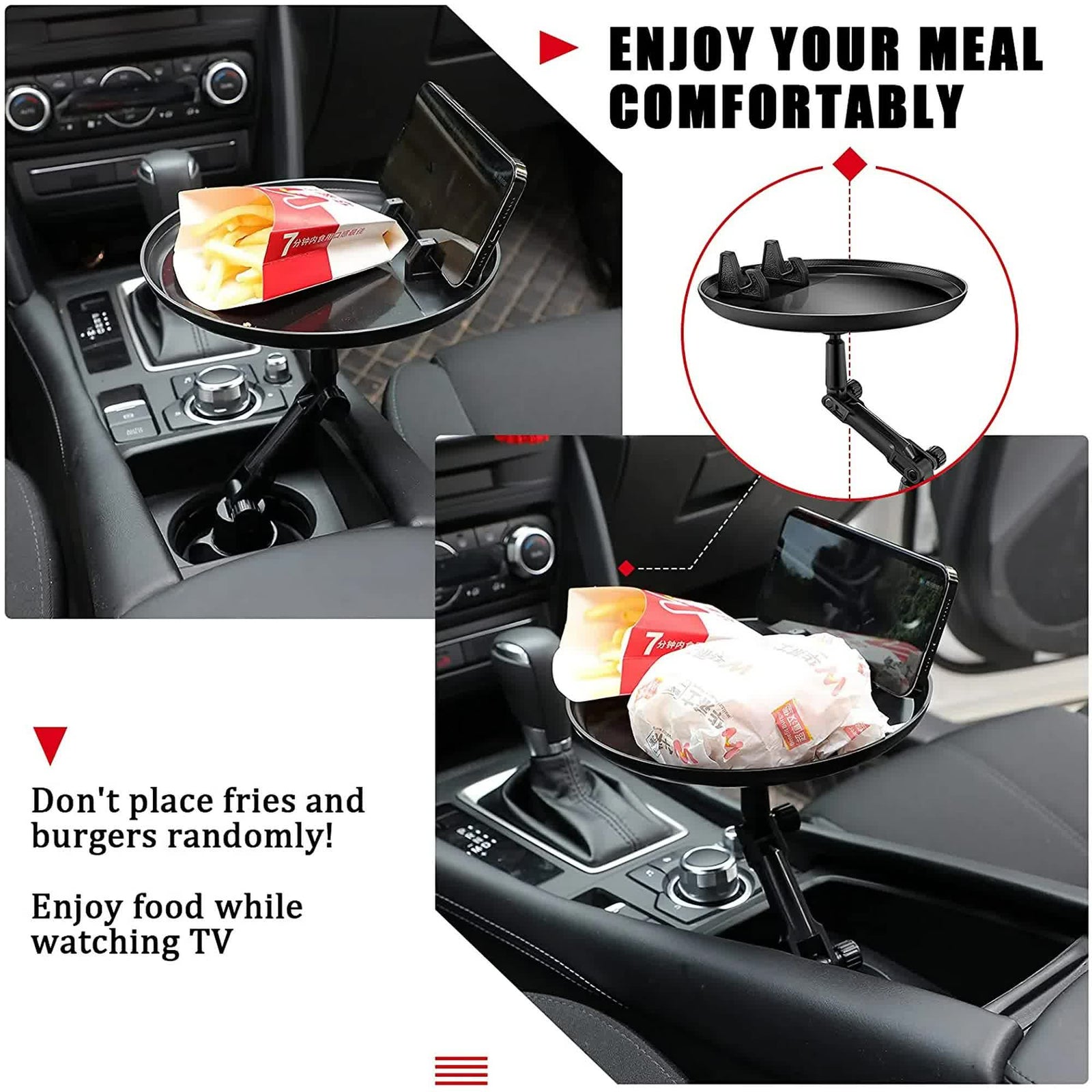 Car Cup Holder Tray for Adults Car Tray Table for Eating with Cell Phone Slot Lap for Universal Adjustable Cup Holder 360 Swivel Fits Vehicle, Boats, Golf Cart