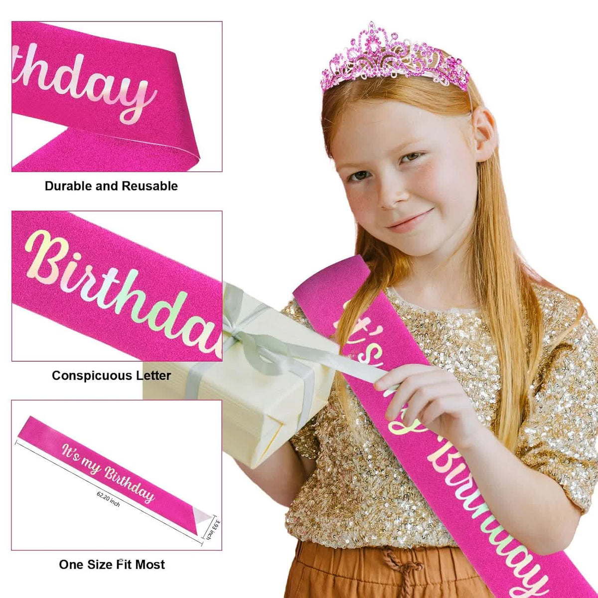 Hot Pink Birthday Headband & Crown - Happy Birthday Princess Tiara for Women & Girls - Party Decorations