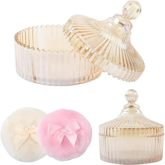 3 Pcs Large Body Powder Puff and Container, 5.3" Glass Crystal Body Container with 3.5" Soft Washable Powder Puff, Reusable Dusting Powder Container for Women(Amber)