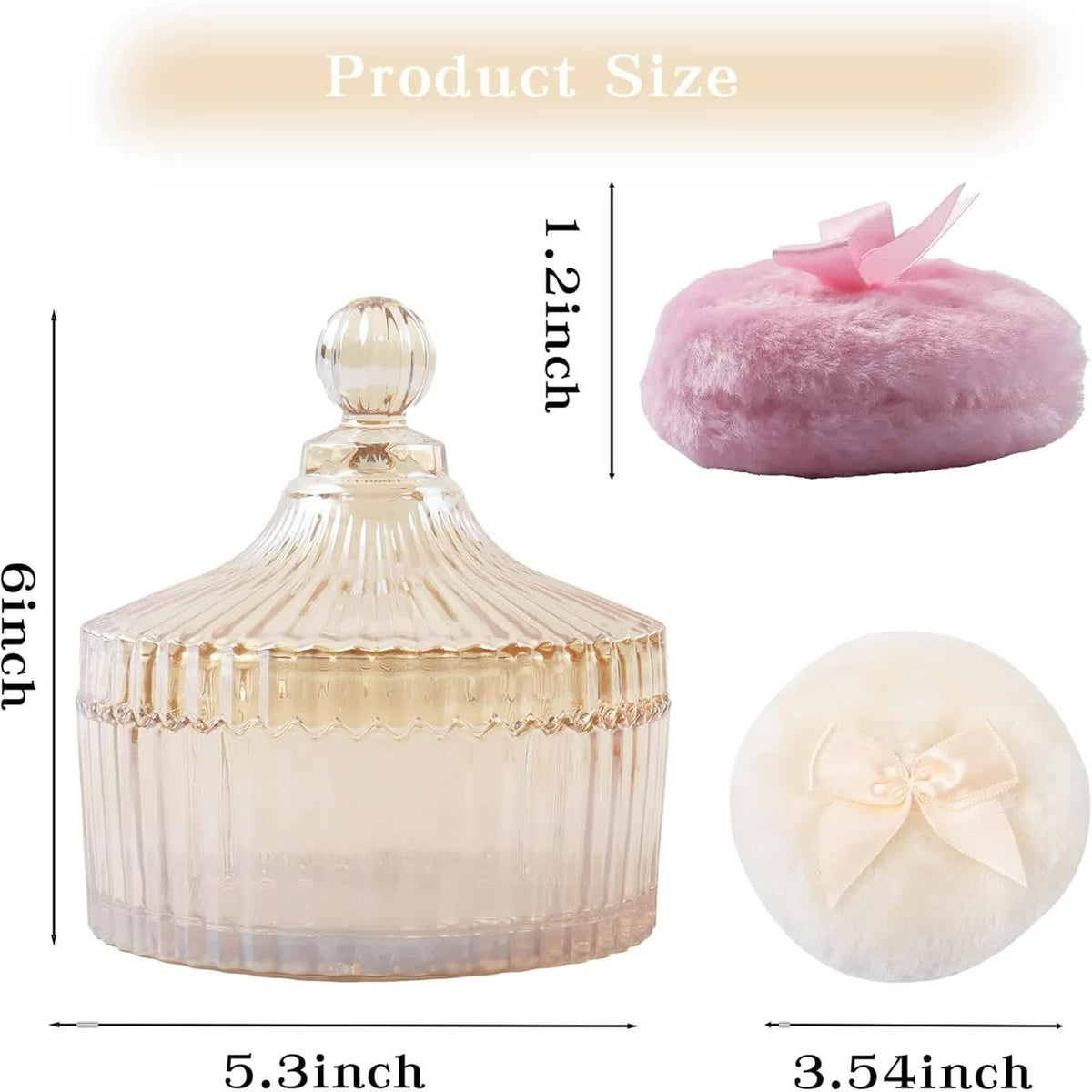 3 Pcs Large Body Powder Puff and Container, 5.3" Glass Crystal Body Container with 3.5" Soft Washable Powder Puff, Reusable Dusting Powder Container for Women(Amber)