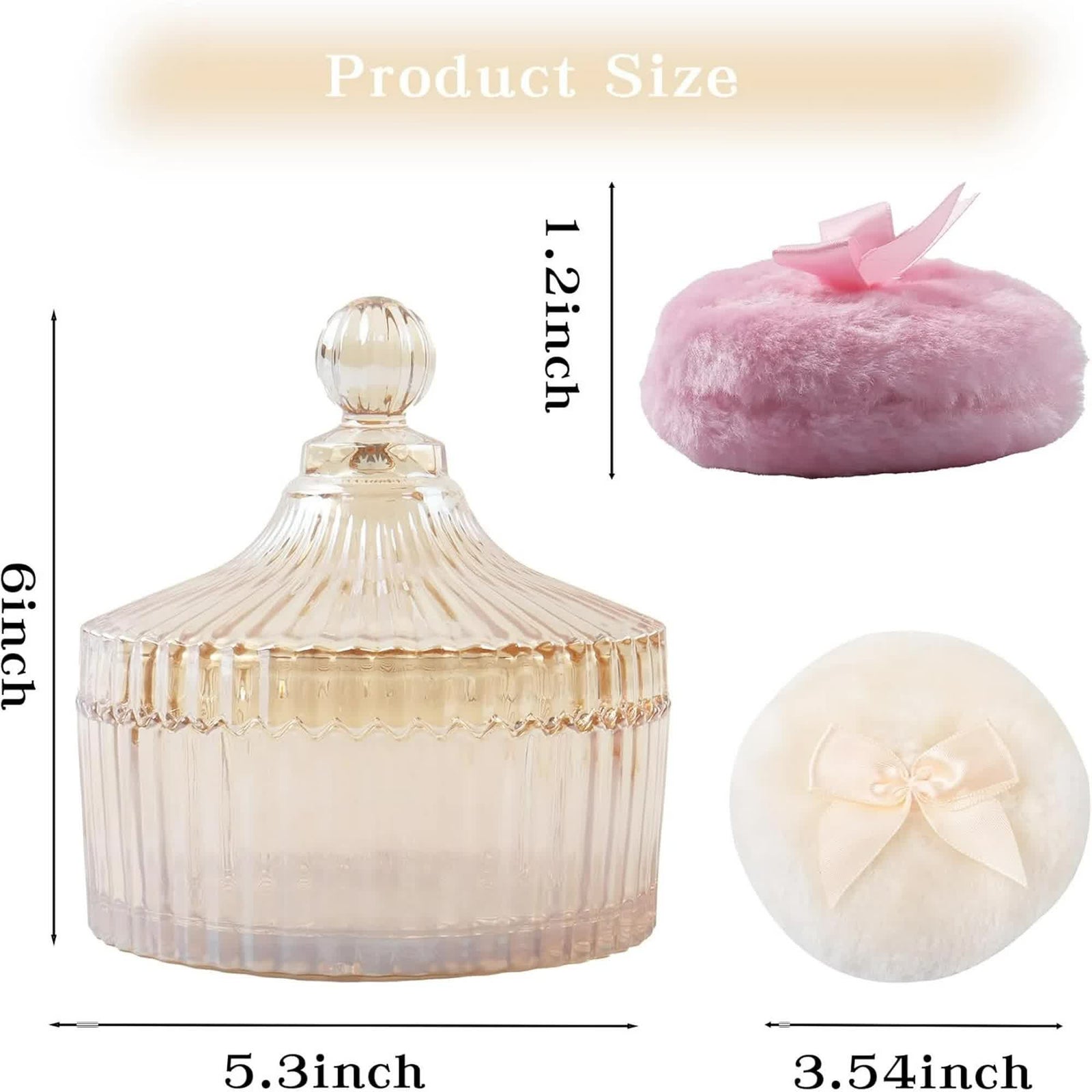 3 Pcs Large Body Powder Puff and Container, 5.3" Glass Crystal Body Container with 3.5" Soft Washable Powder Puff, Reusable Dusting Powder Container for Women(Amber)