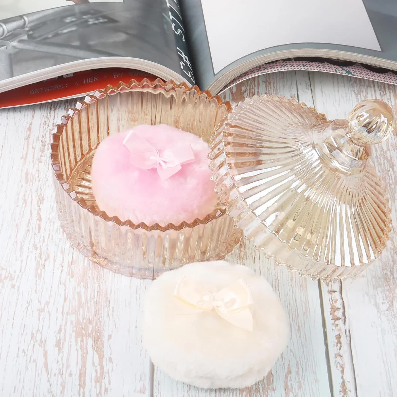 3 Pcs Large Body Powder Puff and Container, 5.3" Glass Crystal Body Container with 3.5" Soft Washable Powder Puff, Reusable Dusting Powder Container for Women(Amber)
