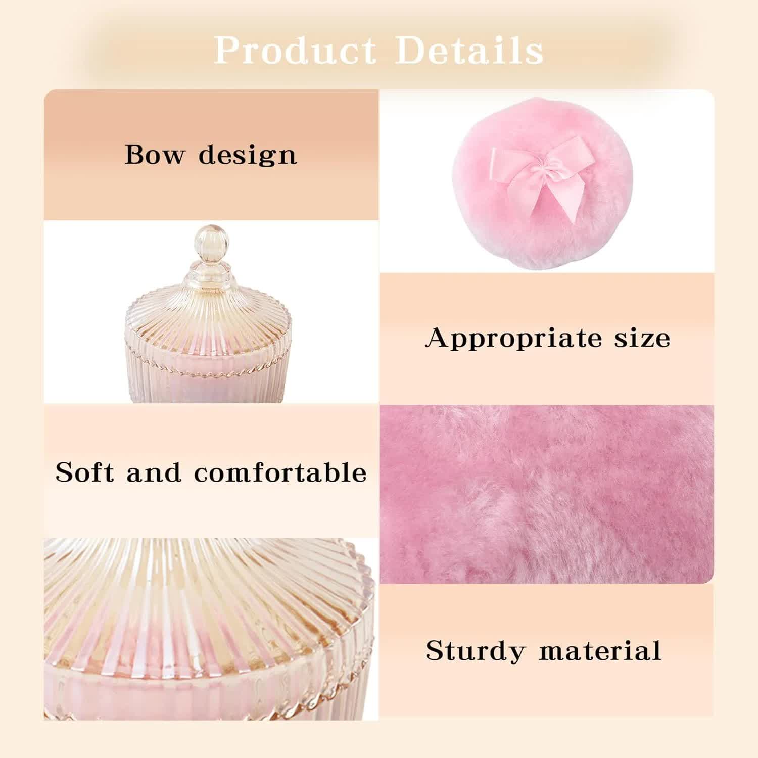3 Pcs Large Body Powder Puff and Container, 5.3" Glass Crystal Body Container with 3.5" Soft Washable Powder Puff, Reusable Dusting Powder Container for Women(Amber)