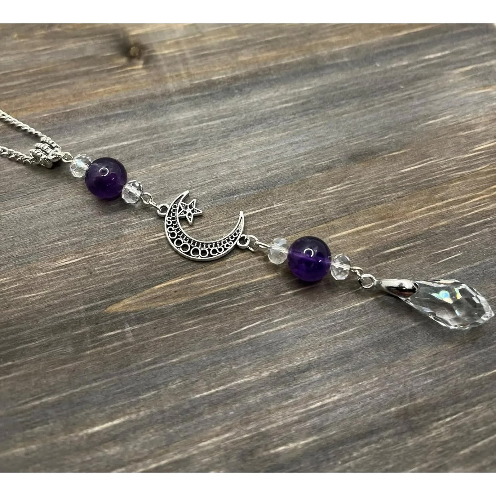 Moon and Star Rear View Mirror Accessories,Crystal Amethyst Stone Bead Car Decor Boho Witchy Suncatcher Healing Car Charm Hanging Ornaments for Women Men