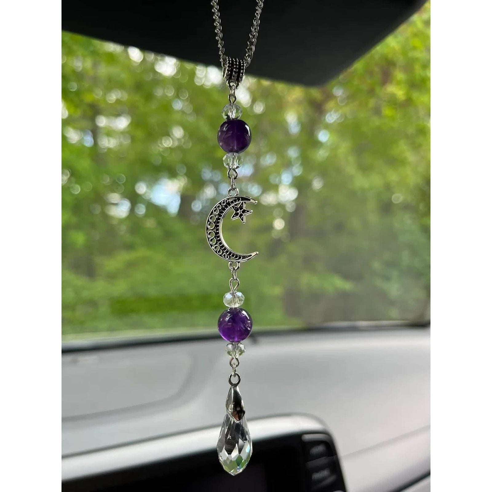 Moon and Star Rear View Mirror Accessories,Crystal Amethyst Stone Bead Car Decor Boho Witchy Suncatcher Healing Car Charm Hanging Ornaments for Women Men