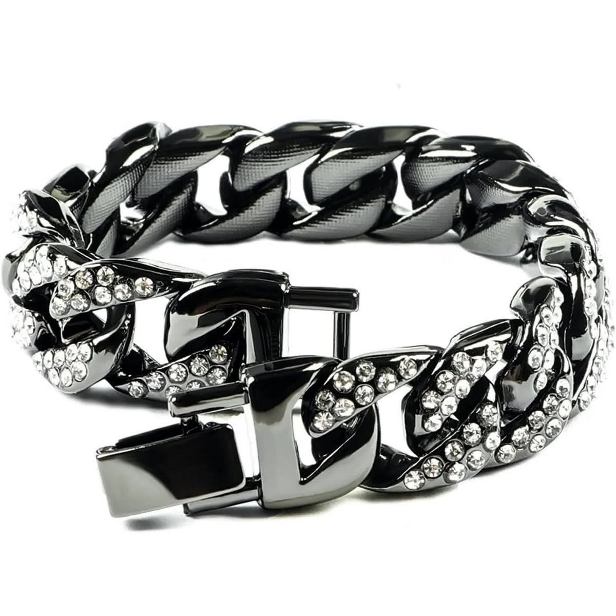 Mens Womens Cuban Link Bracelet Hip Hop Bracelet Gold Chain Bracelet Iced Out Curb Cuban 18k Gold Plated Bracelet With Clear Rhinestones (A-T-Black-8.74in)